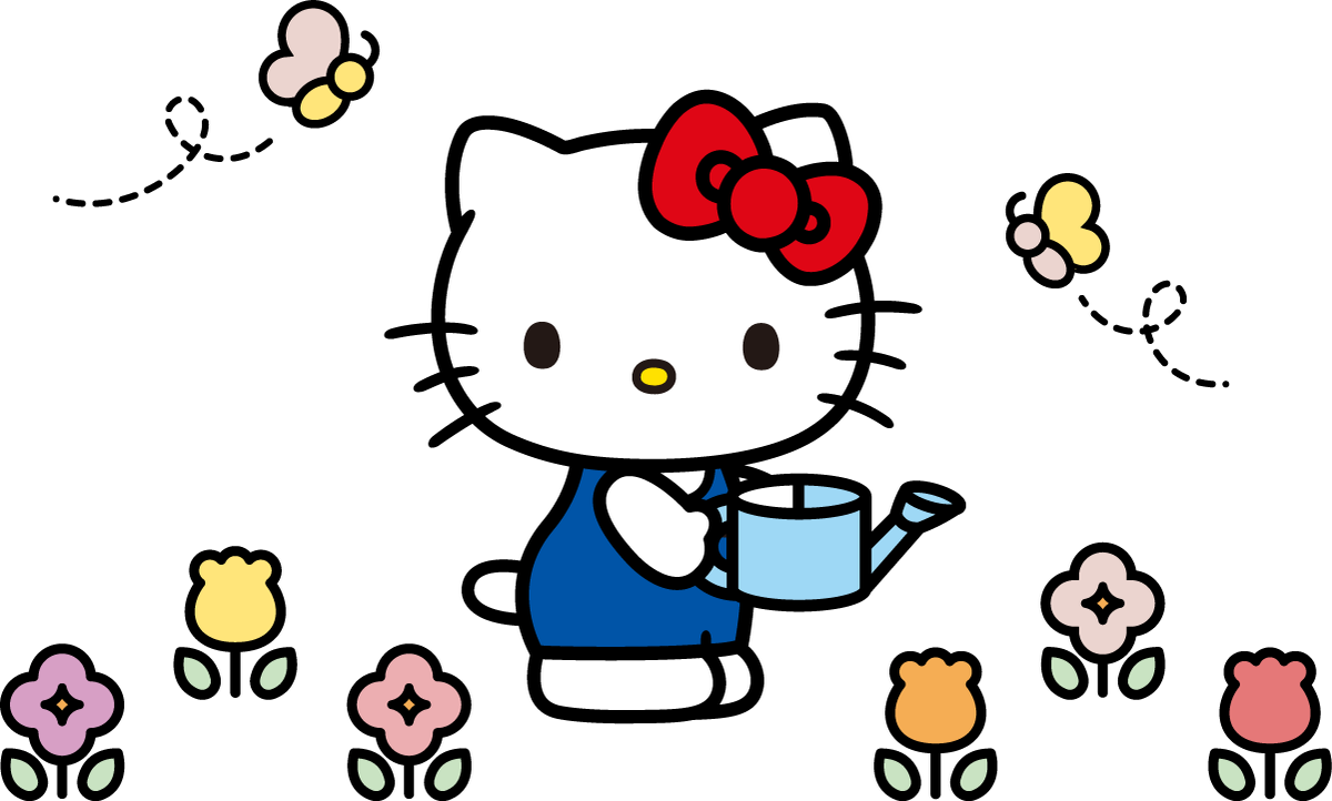 じょうろで花に水をやるハローキティのイラスト
